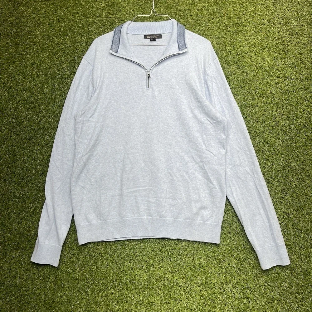 Banana Republic Sweater Mens Large Cotton Cashmere 1/4 Quarter Zip Blue Pullover